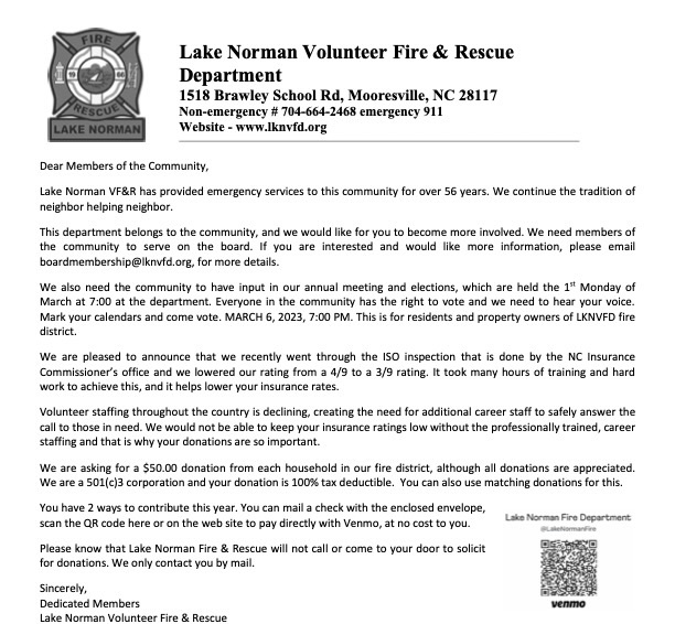 Lake Norman Fire Donation Letter